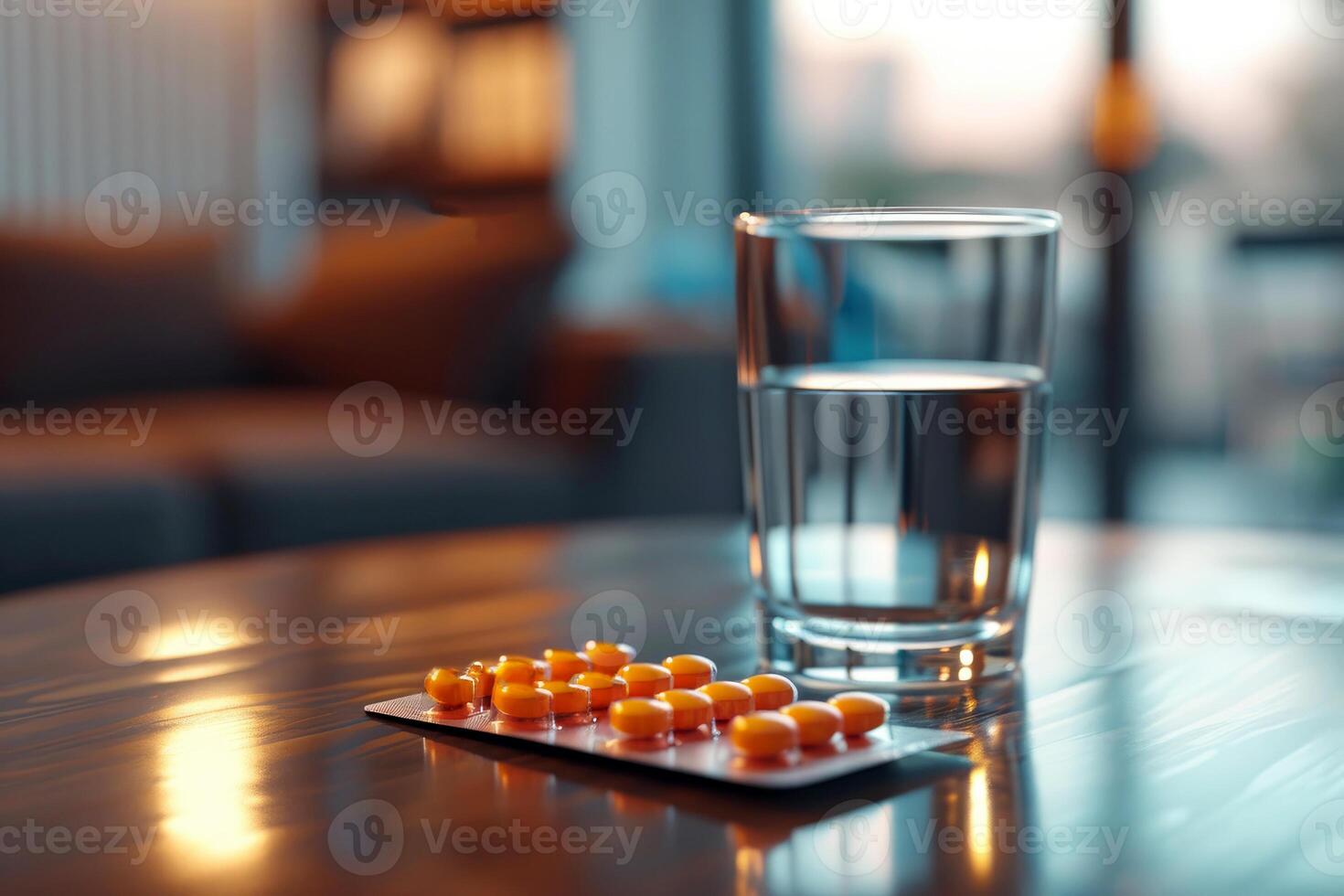 AI generated a glass of water on wooden table next to a pill.ai generative photo