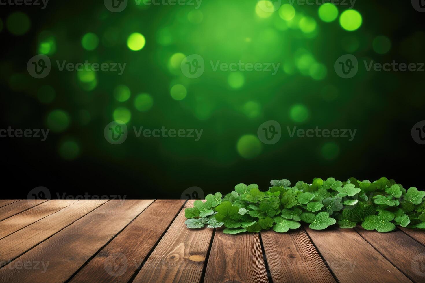 AI generated St. Patrick's Day concept. wooden table in front of shamrock leaf background . Generative Ai. photo
