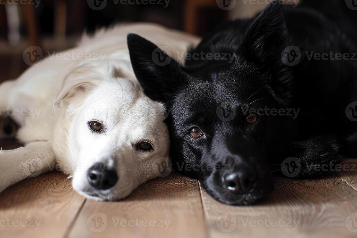 AI generated white dog and black cat looking at the camera lying together on the floor.AI generative photo