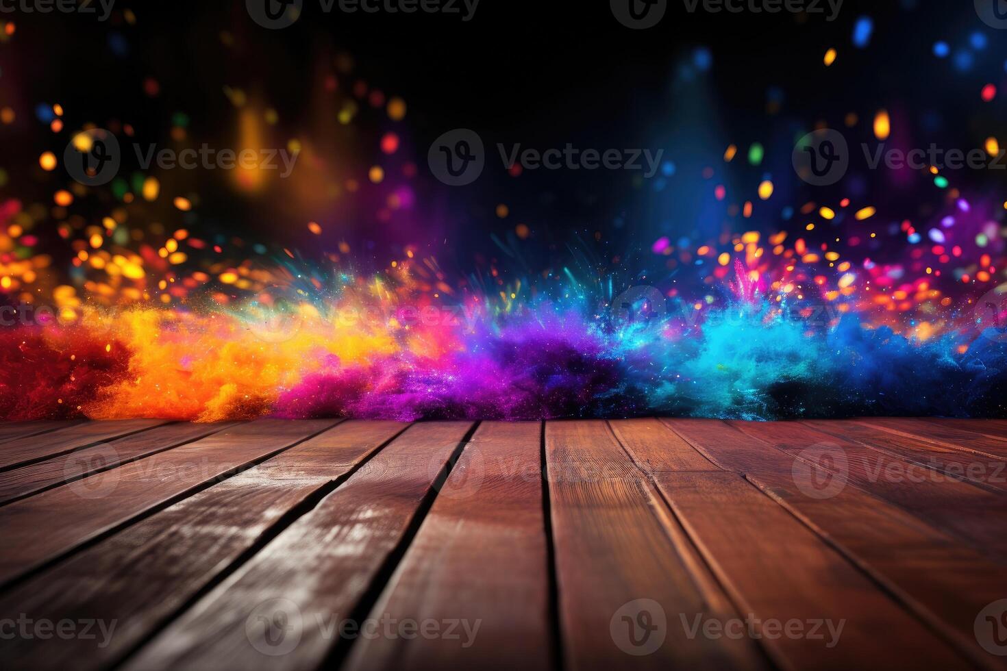 AI generated Colorful Holi powders on a top table with bokeh lights for mockup , AI generative photo