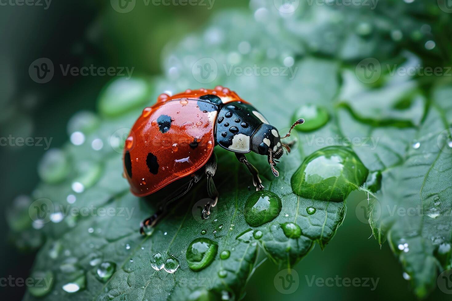 AI generated red ladybug on a green leaf. Generative AI photo