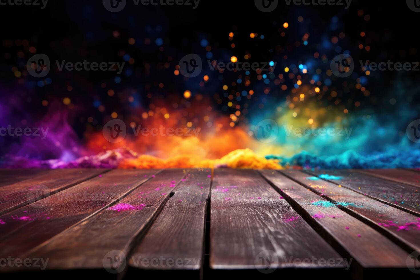 AI generated Colorful Holi powders on a top table with bokeh lights for mockup , AI generative photo