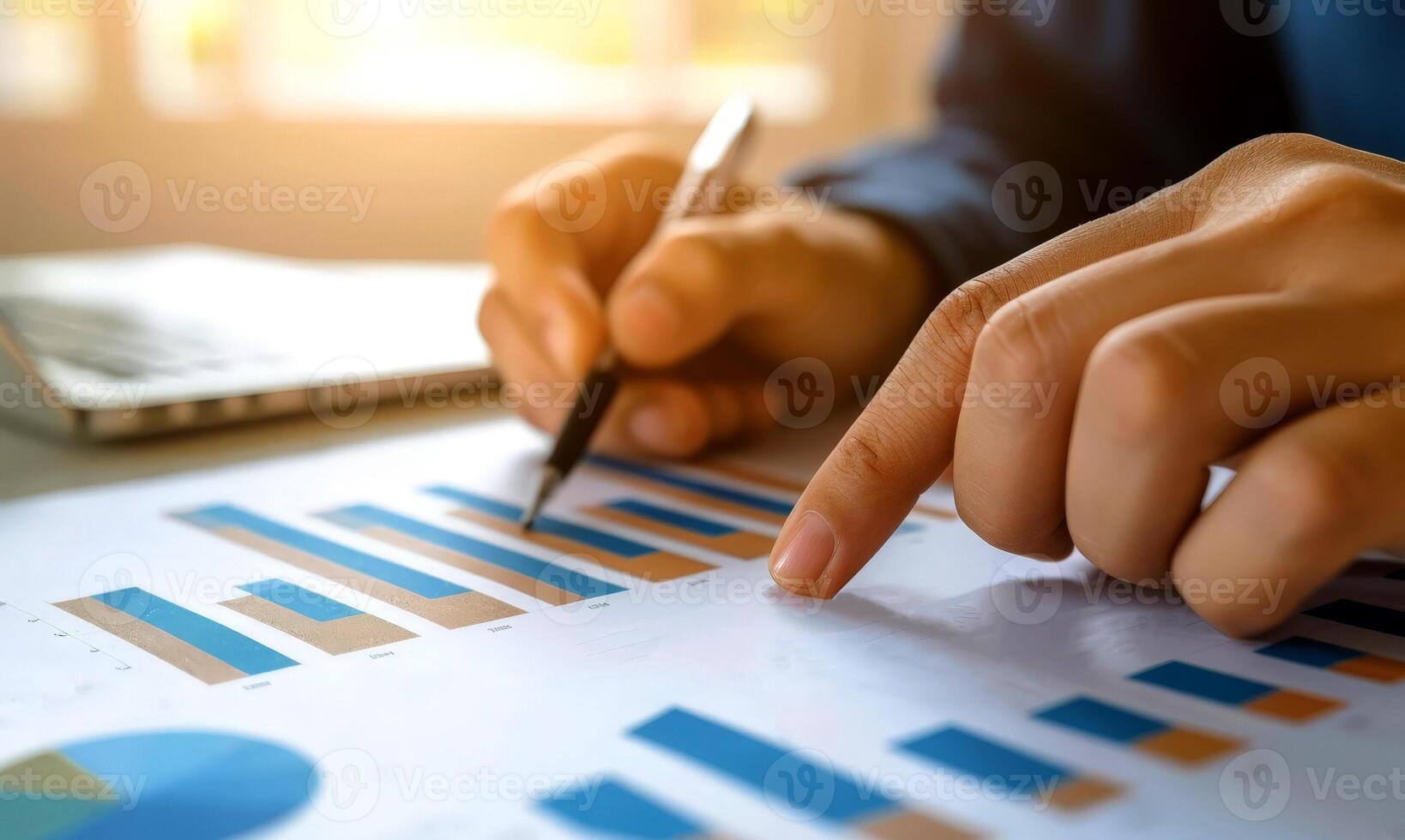 AI generated close up hand Businessman review report. Graphs and charts. Business reports concept Ai generated photo
