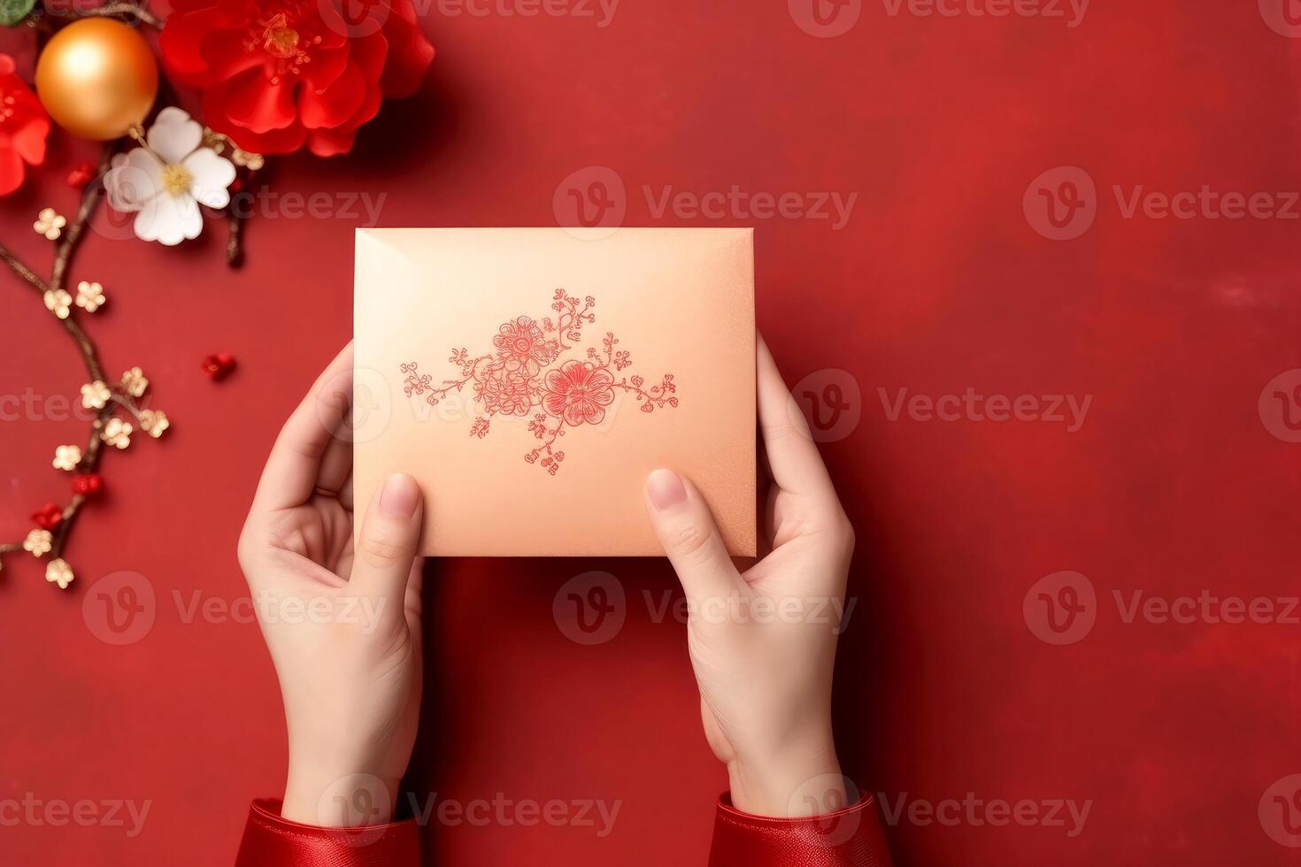 AI generated hand woman holding with blank red card. Chinese new year concept .generative ai photo