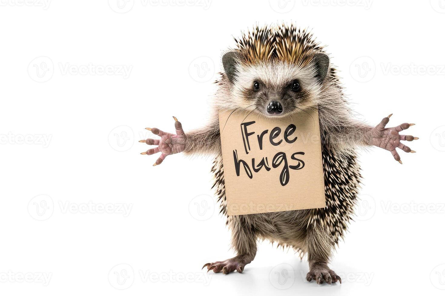 AI generated a hedgehog with Free hugs banner amused isolated on a transparent background, generative ai photo