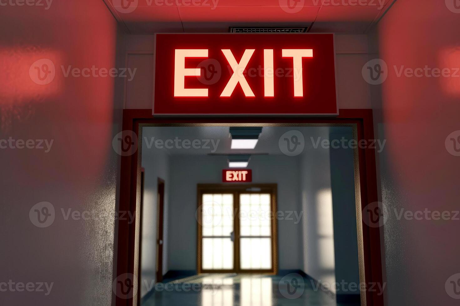 AI generated The Exit sign glowing in red shows the word EXIT to doorway. Generative AI. photo