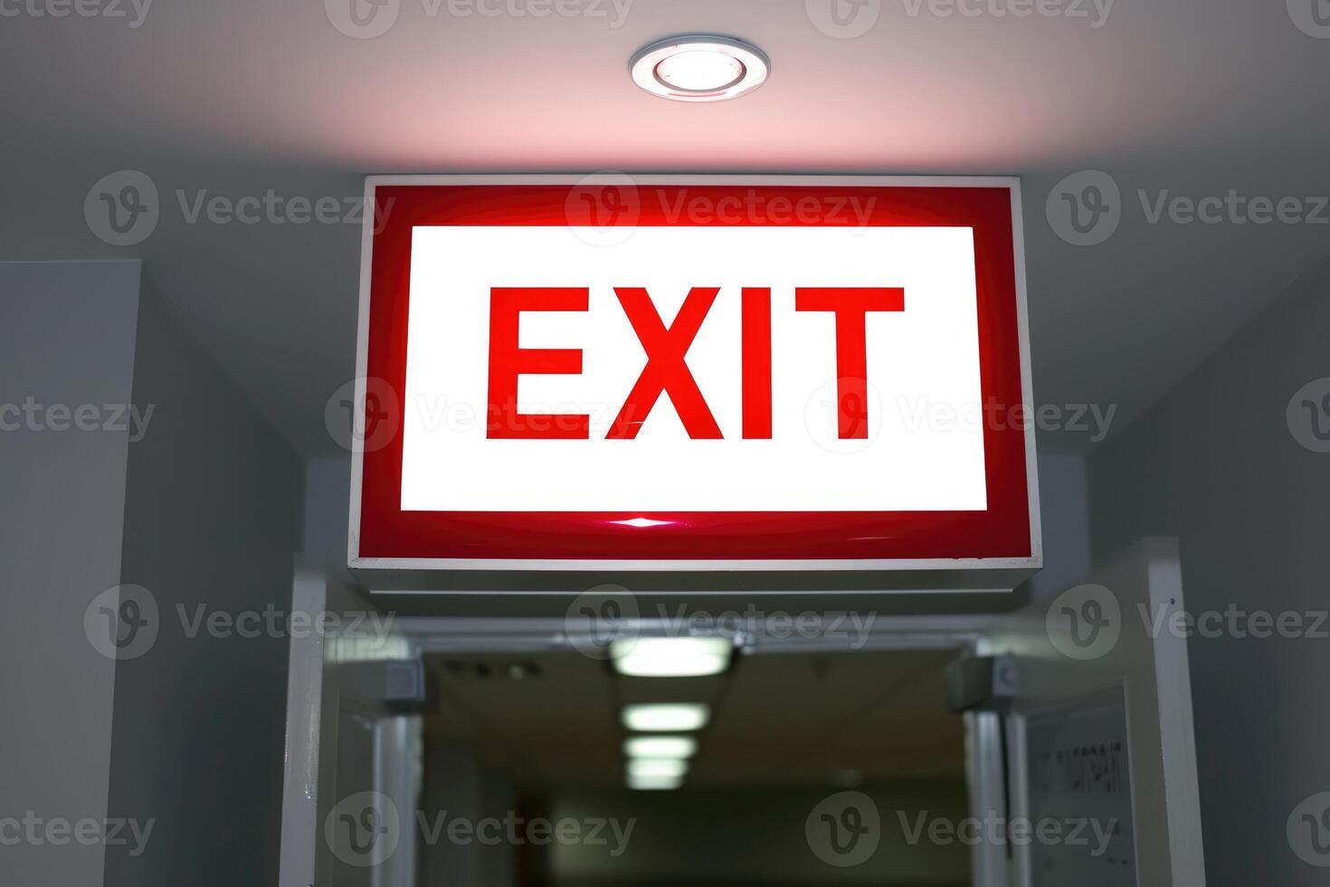 AI generated The Exit sign glowing in red shows the word EXIT to doorway. Generative AI. photo