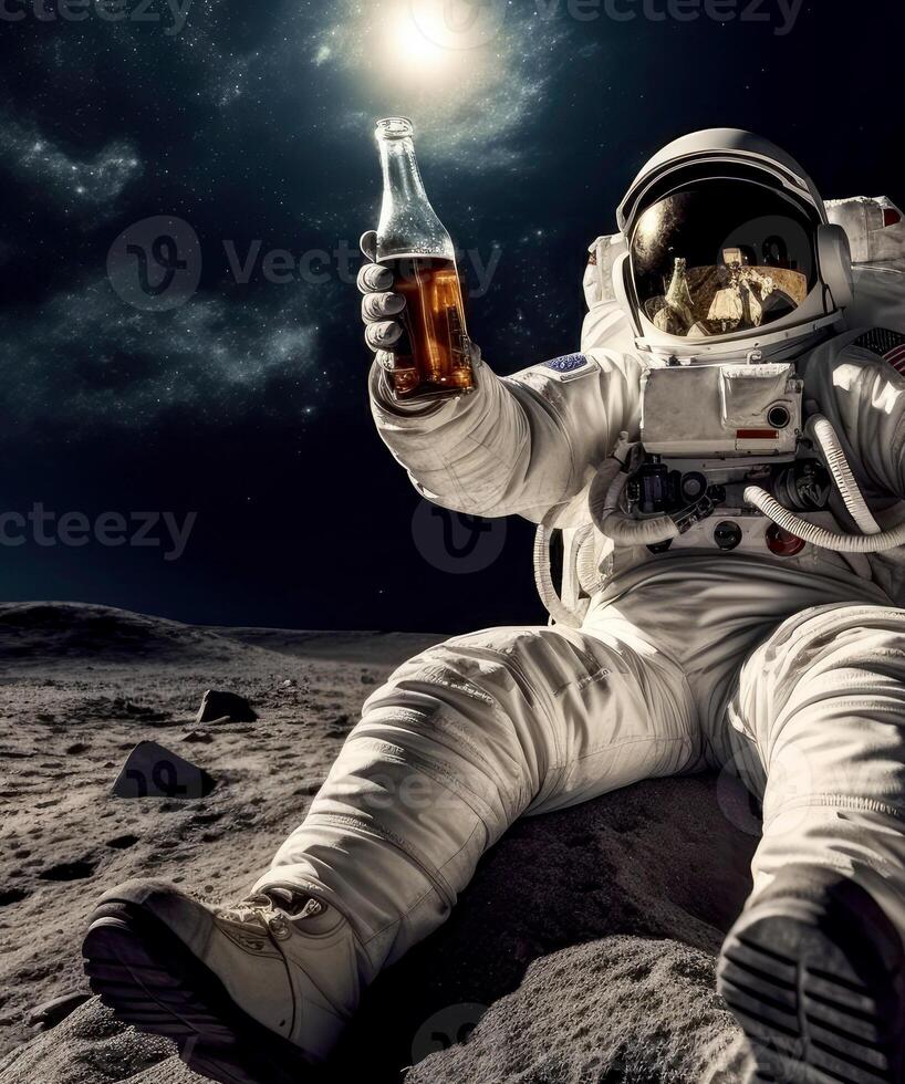 AI generated Astronaut sitting on the moon drinking beer, Generative AI photo