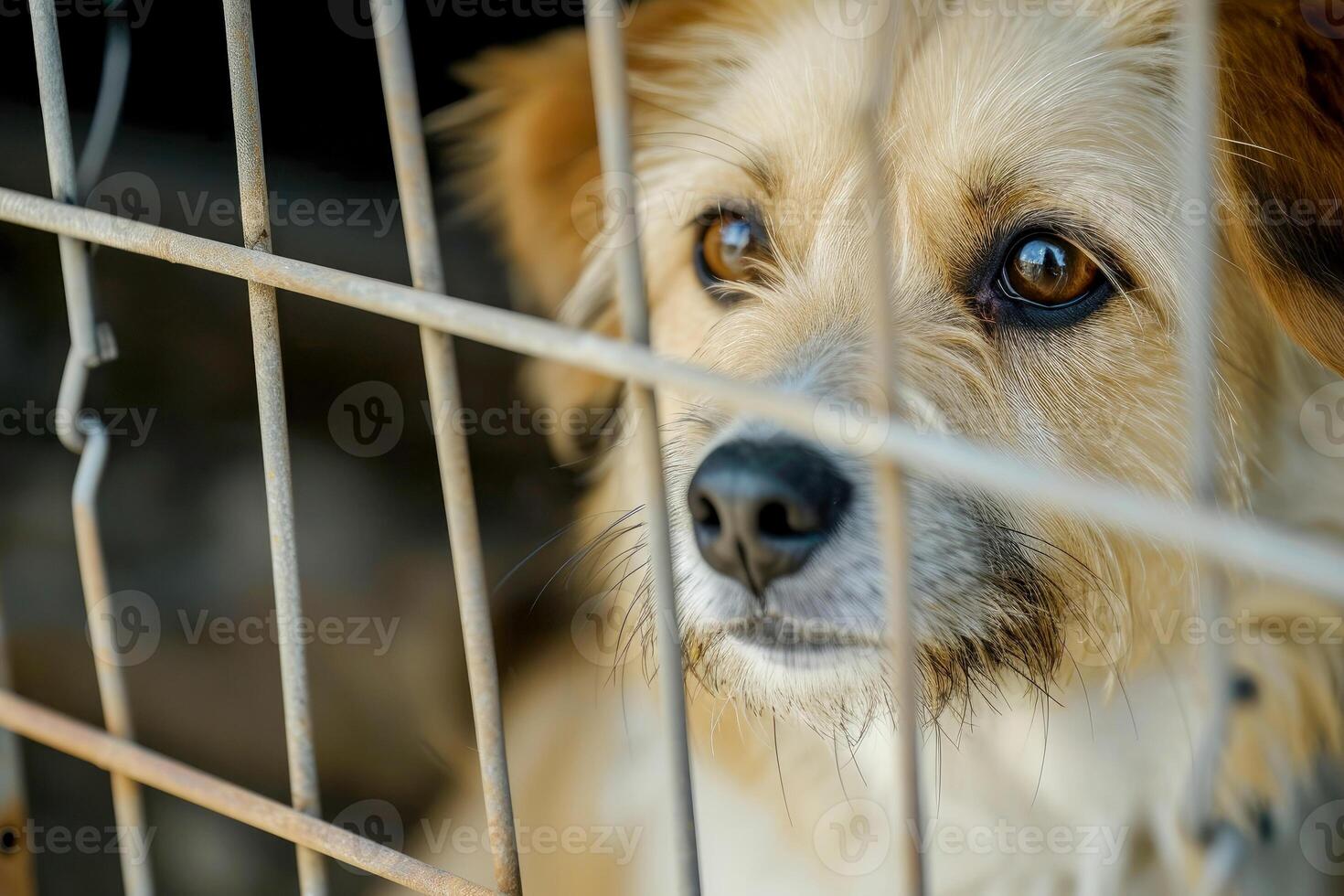 AI generated close up Sad large dogs caught in cage. Generative AI photo