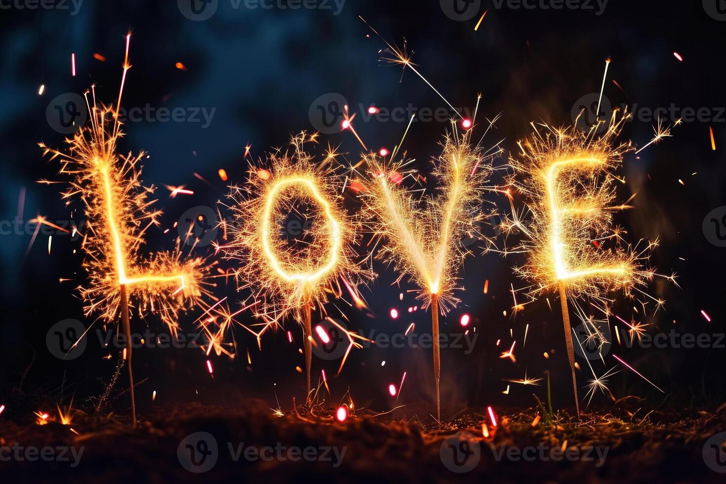 AI generated LOVE , written with a sparkler on a black background. AI generated. photo