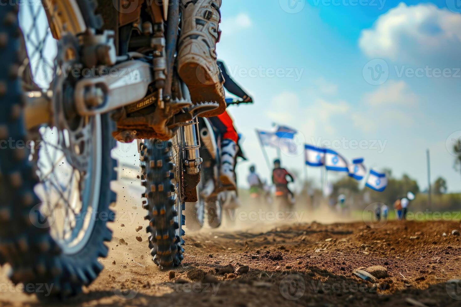 ai generado motocross jinete montando en suciedad pista de cerca neumático generativo ai foto