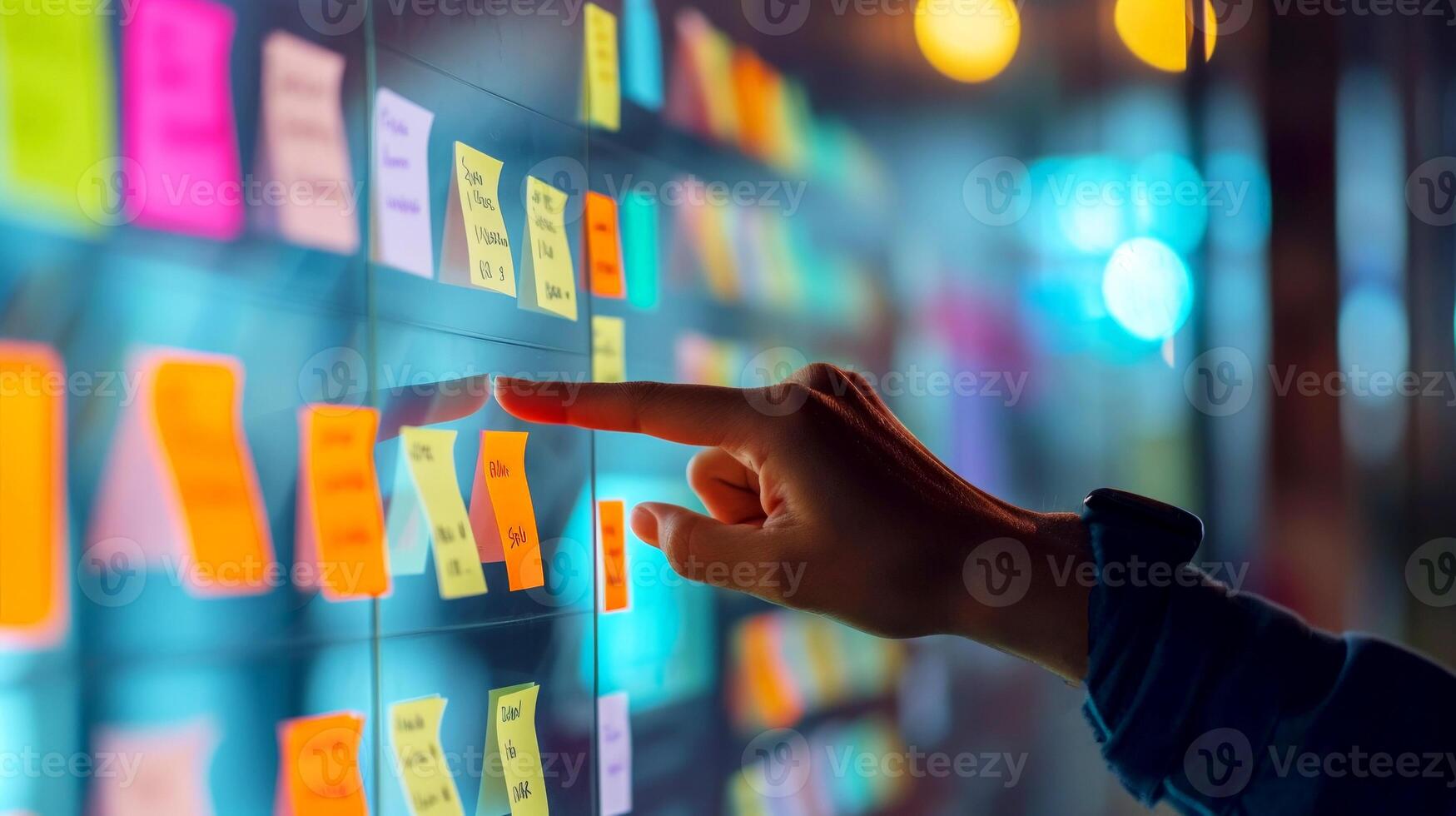 AI generated Agile software development scrum methodology boards. workflow, Finger touching virtual interface.AI generative photo