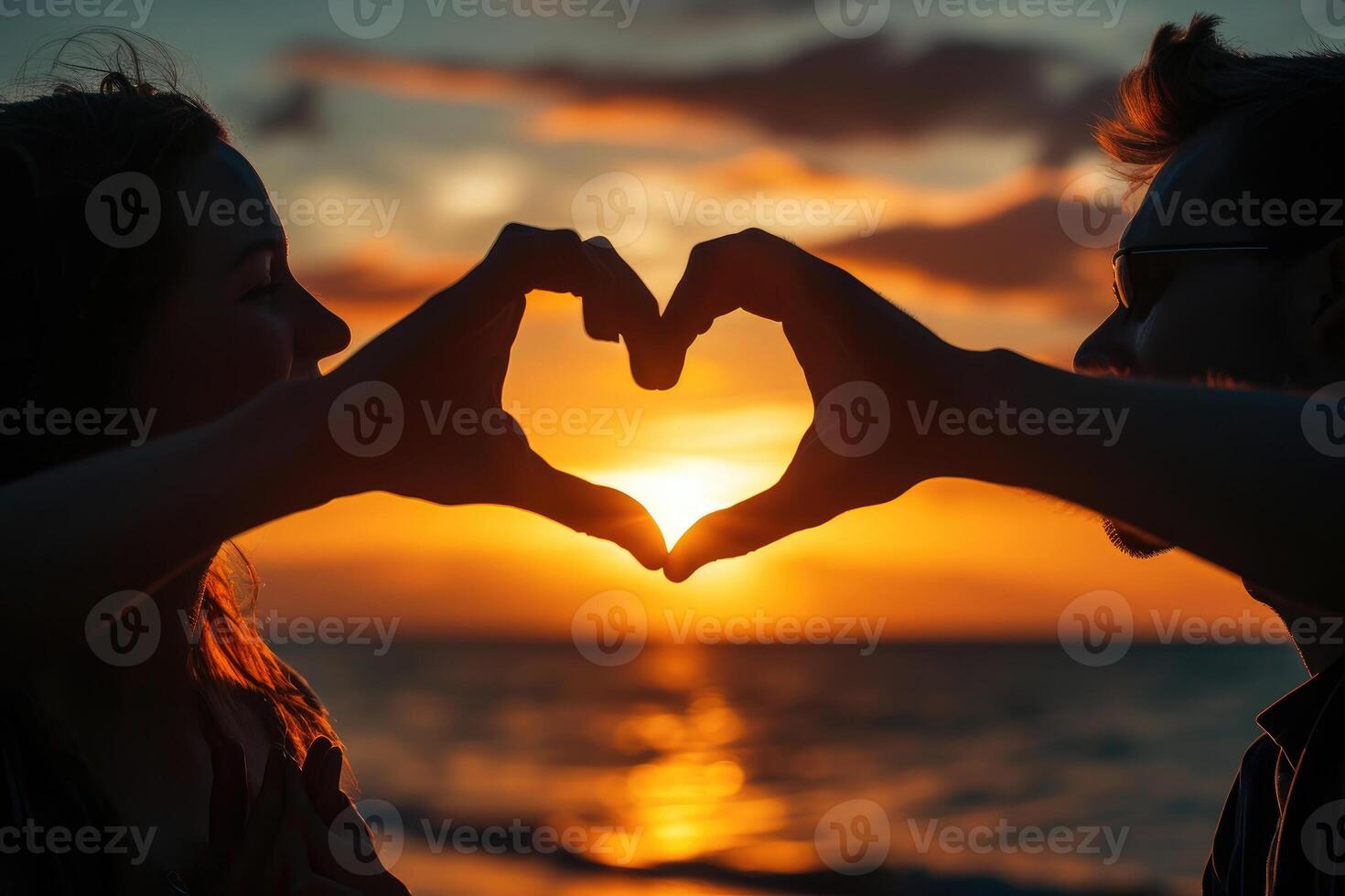 AI generated A couple of love makes a heart-shaped gesture, while the sunset. AI Background photo