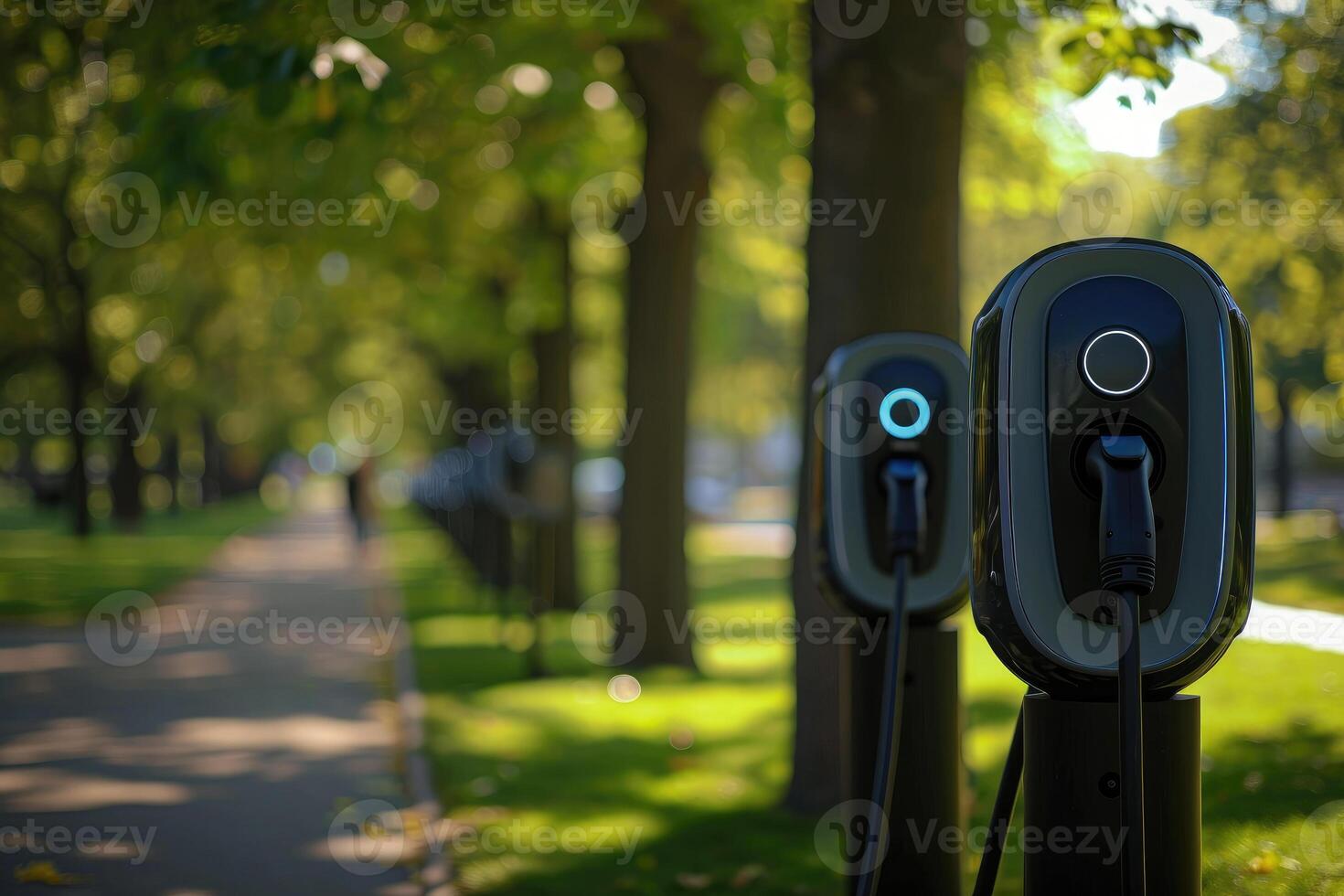 AI generated EV fast electric vehicle chargers station in park city, Generative AI photo