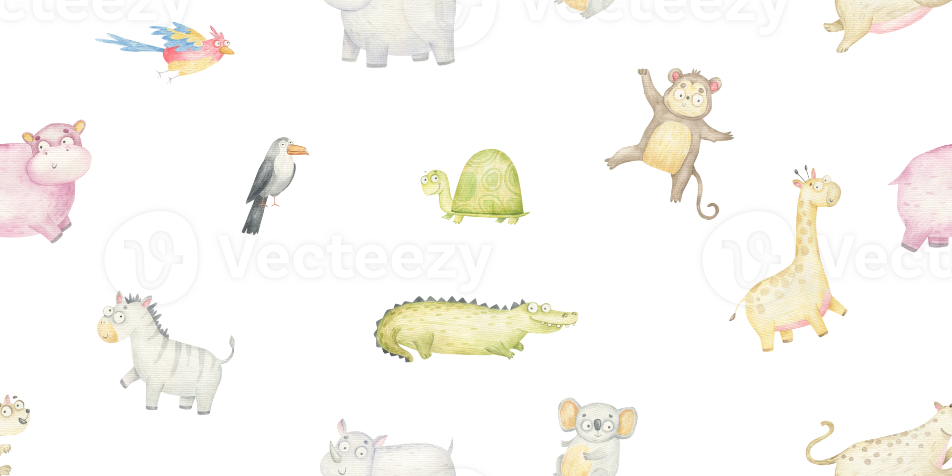 seamless pattern with safari animals, reptiles and birds, cute watercolor illustration on white background png