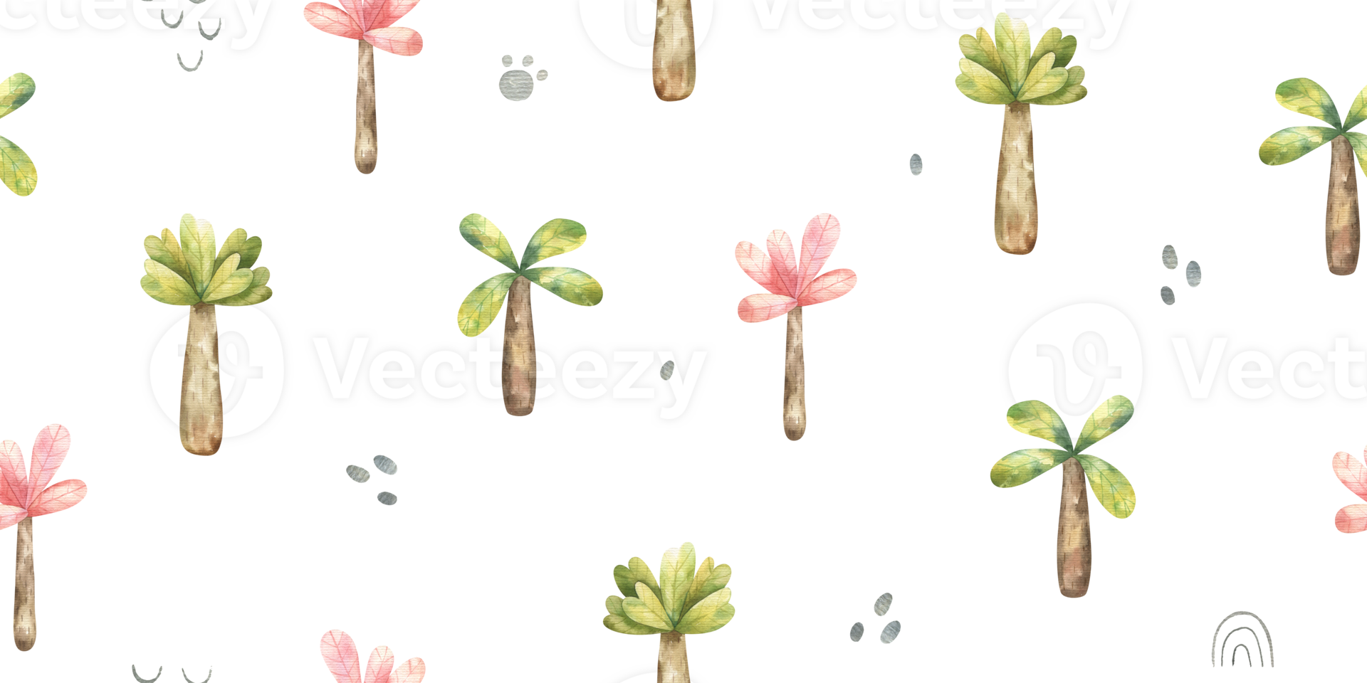 seamless pattern with colorful palms and footprints, graphic elements, cute watercolor illustration on white background png