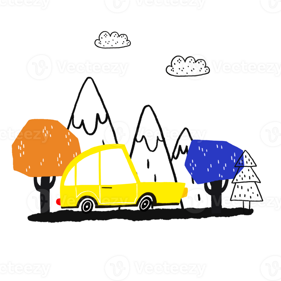 Posters with simple childish, cartoon passenger yellow car. Hand drawn flat car and nature landscape with forest trees, mountains, clouds. Doodle illustration on isolated background. png