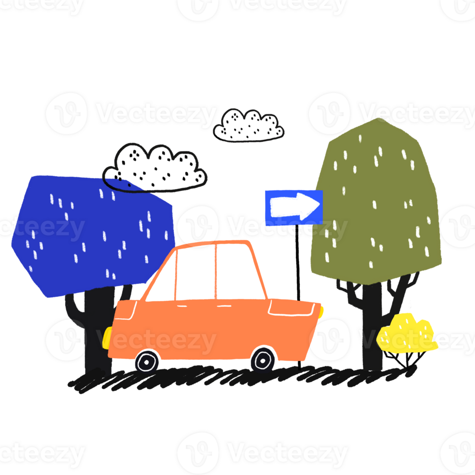 en enkel barns illustration med en bil. en affisch med ett orange passagerare bil körning bland färgad klotter träd. ritad för hand sammansättning. söt barn illustration på isolerat bakgrund. png