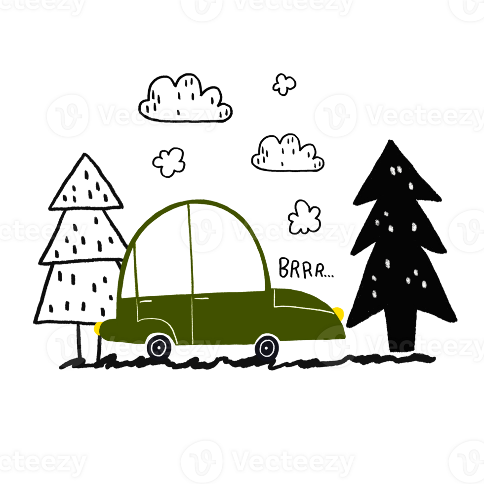 Posters with simple childish, cartoon passenger car and lettering Brrr. Hand drawn flat green car and nature landscape with forest trees, clouds. For nursery posters, cards, boys bedroom decor. png