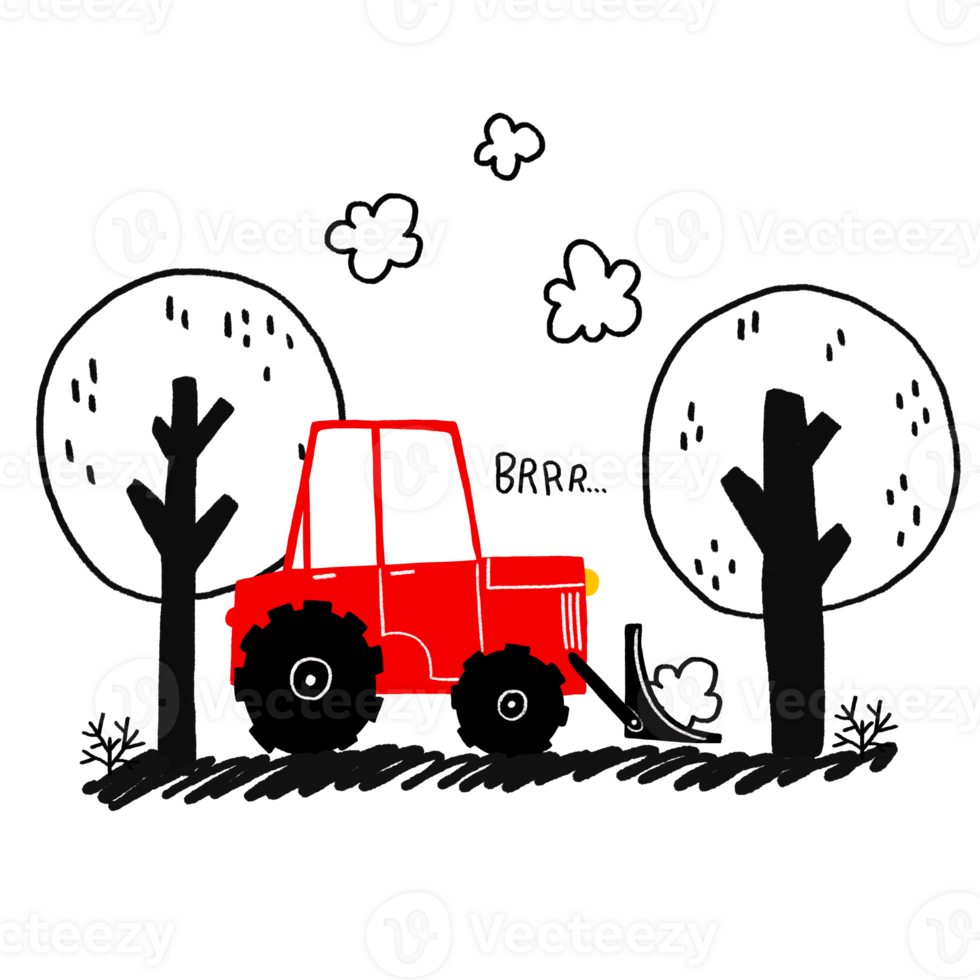 A simple children's illustration with a car. Poster with a red tractor with a bucket driving among doodle trees. Construction equipment. Drawing composition. Cute kids illustration on isolated png