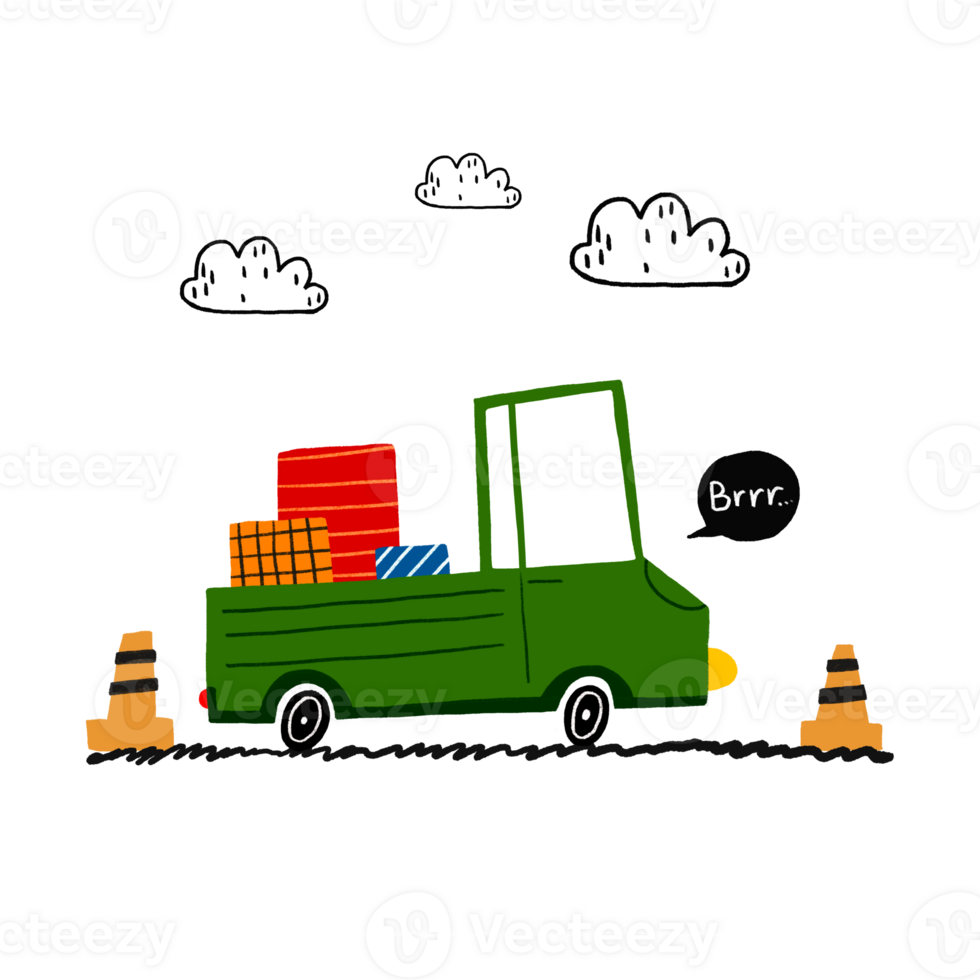 A simple children's illustration with a car. Cartoon truck carrying cargo. City illustration. Invitation to a children's party. Cute illustration on isolated background. png