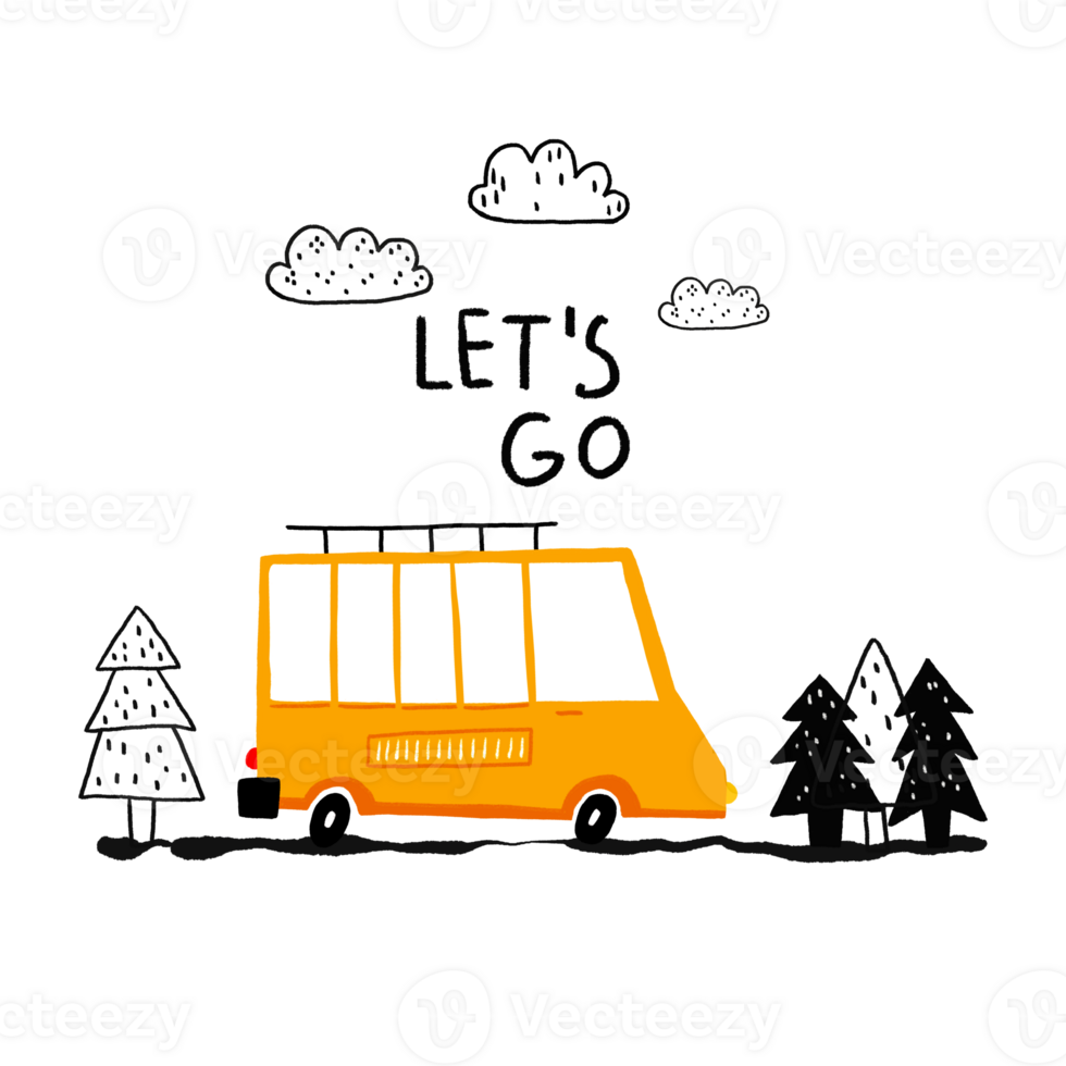 A simple children's illustration with a car. Poster with a mini tourist van among the forest and fir trees and the inscription Let's go. Cute illustration on isolated background. png