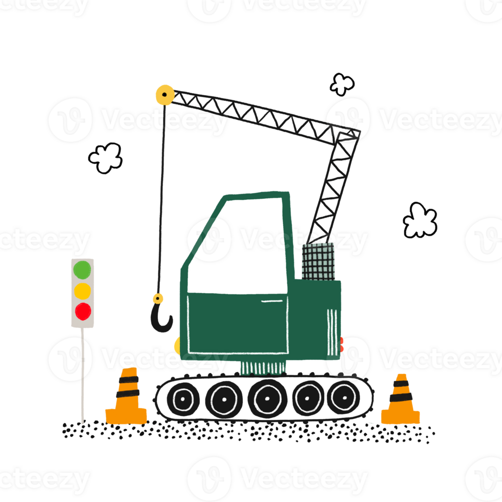 Poster with a green under dark crane with a hook working on a construction site. Orange construction cones and traffic lights png