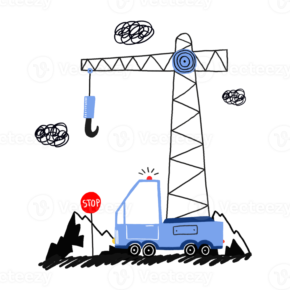 A simple children's illustration with a car. Poster with a blue crane with a hook working at a construction site in the mountains. Stop sign. Mountain landscape. Cute kids illustration on isolated png