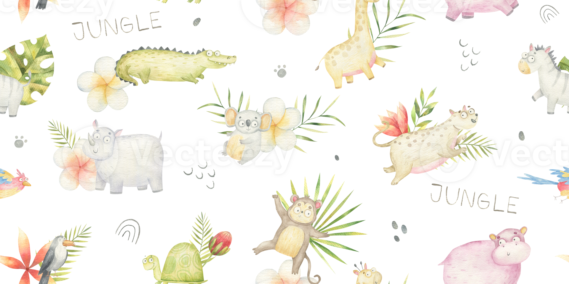 seamless pattern with safari animals, reptiles and birds, in tropical palm colors, cute watercolor illustration on white background png