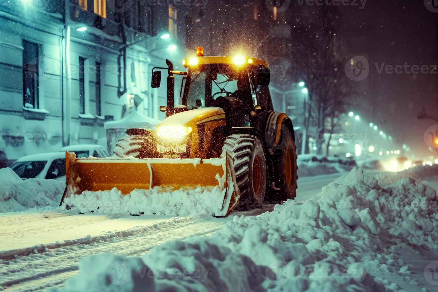 AI generated Tractor with Snow Plow Attachment Clearing Snow on Winter . Generative AI photo