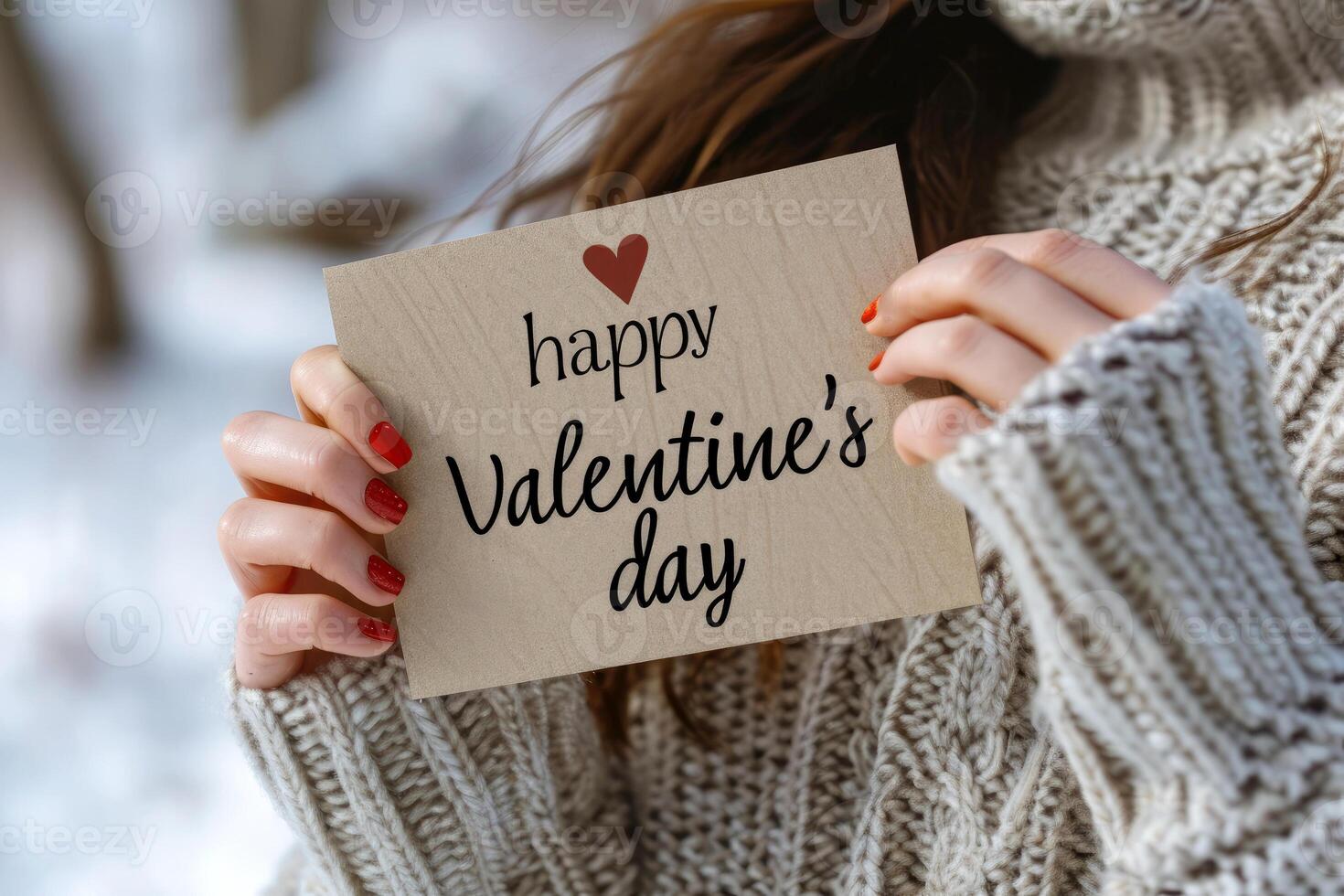 AI generated woman hold Happy valentines day greeting card. valentine day concept .generative ai photo
