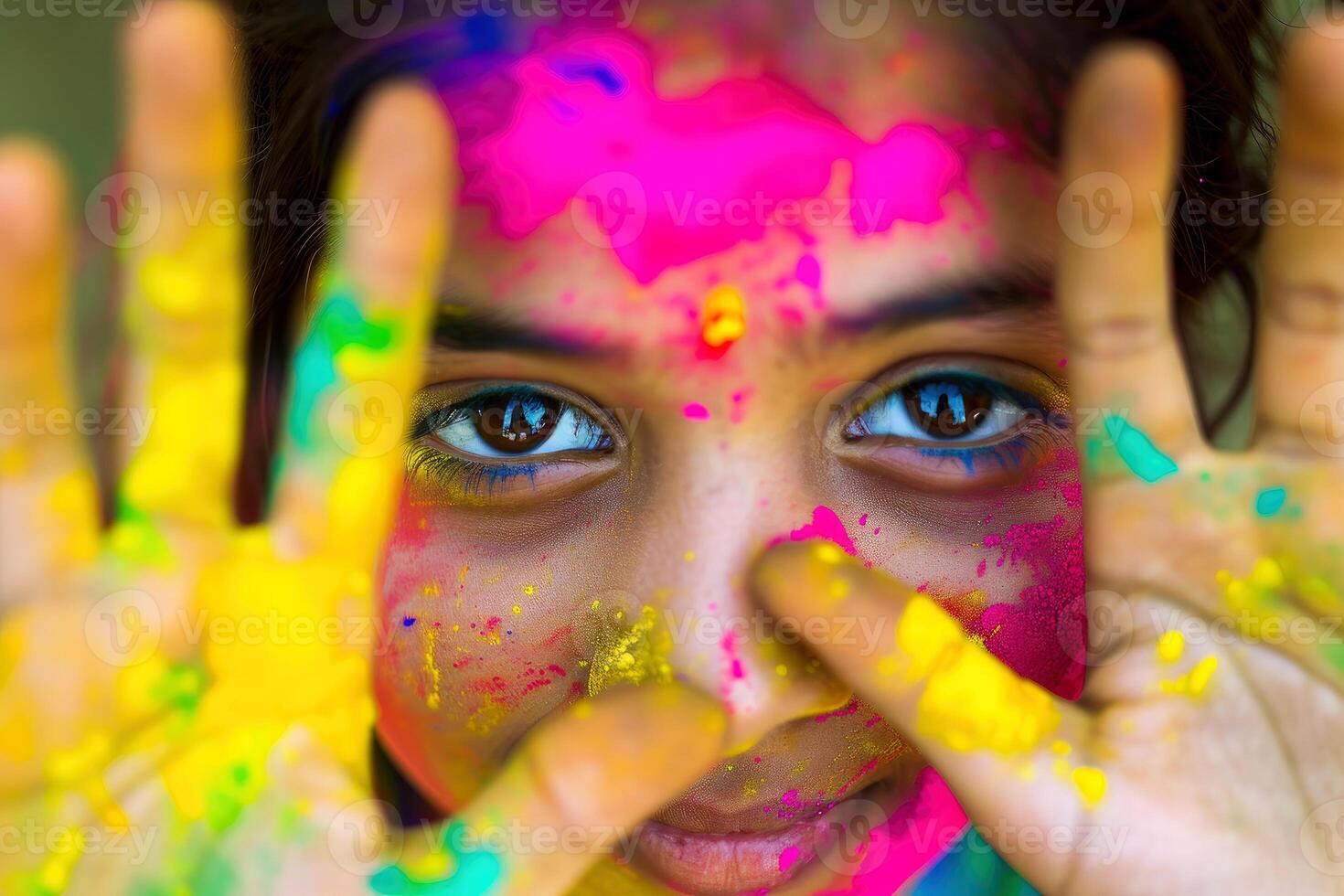 ai generado holi festival, retrato de un joven mujer en vistoso polvo explosión. generativo ai. foto