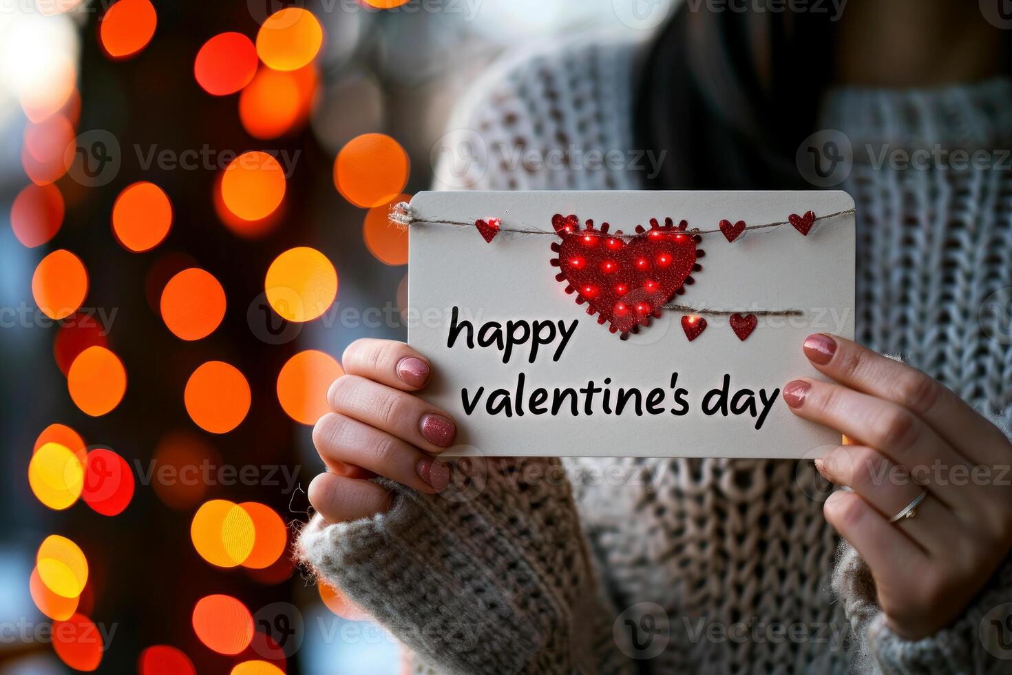 AI generated woman hold Happy valentines day greeting card. valentine day concept .generative ai photo