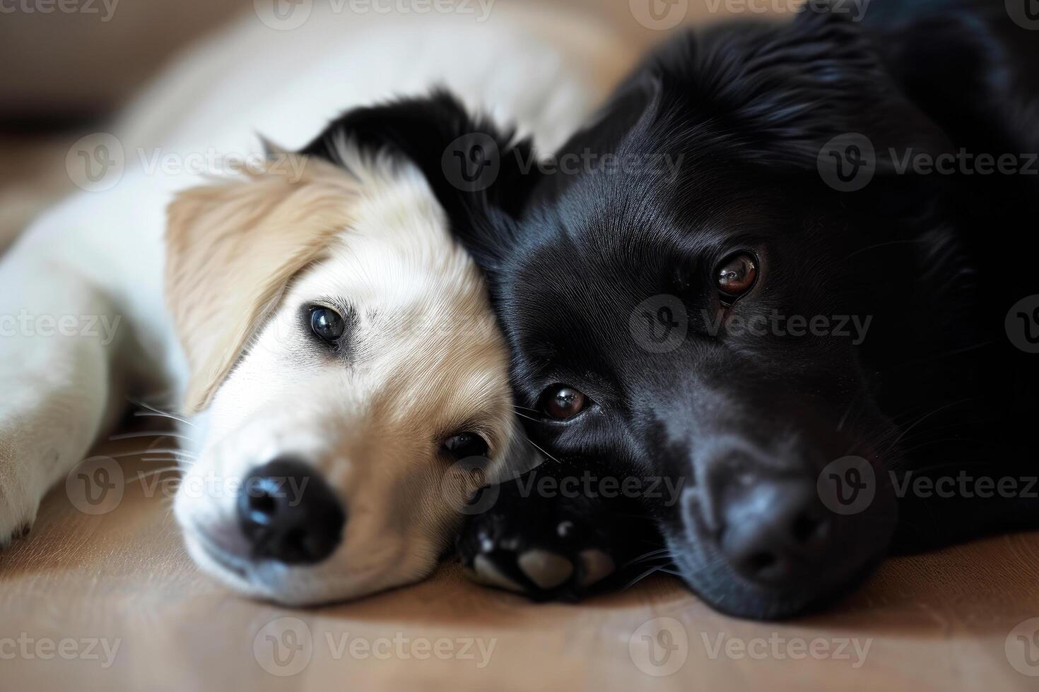 AI generated white dog and black cat looking at the camera lying together on the floor.AI generative photo