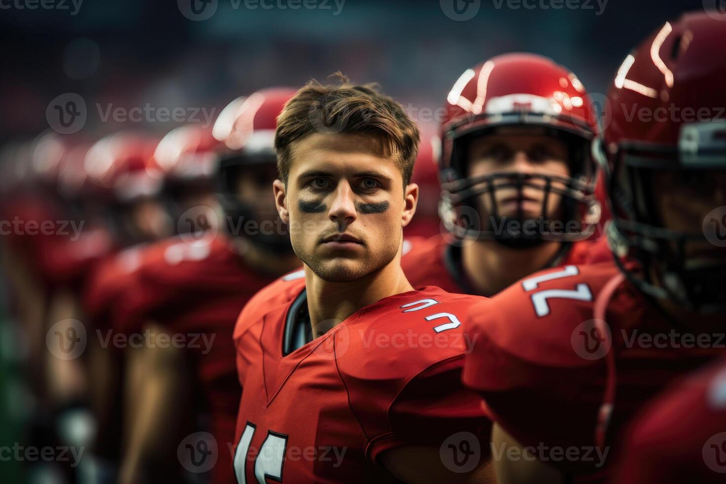 AI generated American football players standing together on a sports field . Generative AI photo