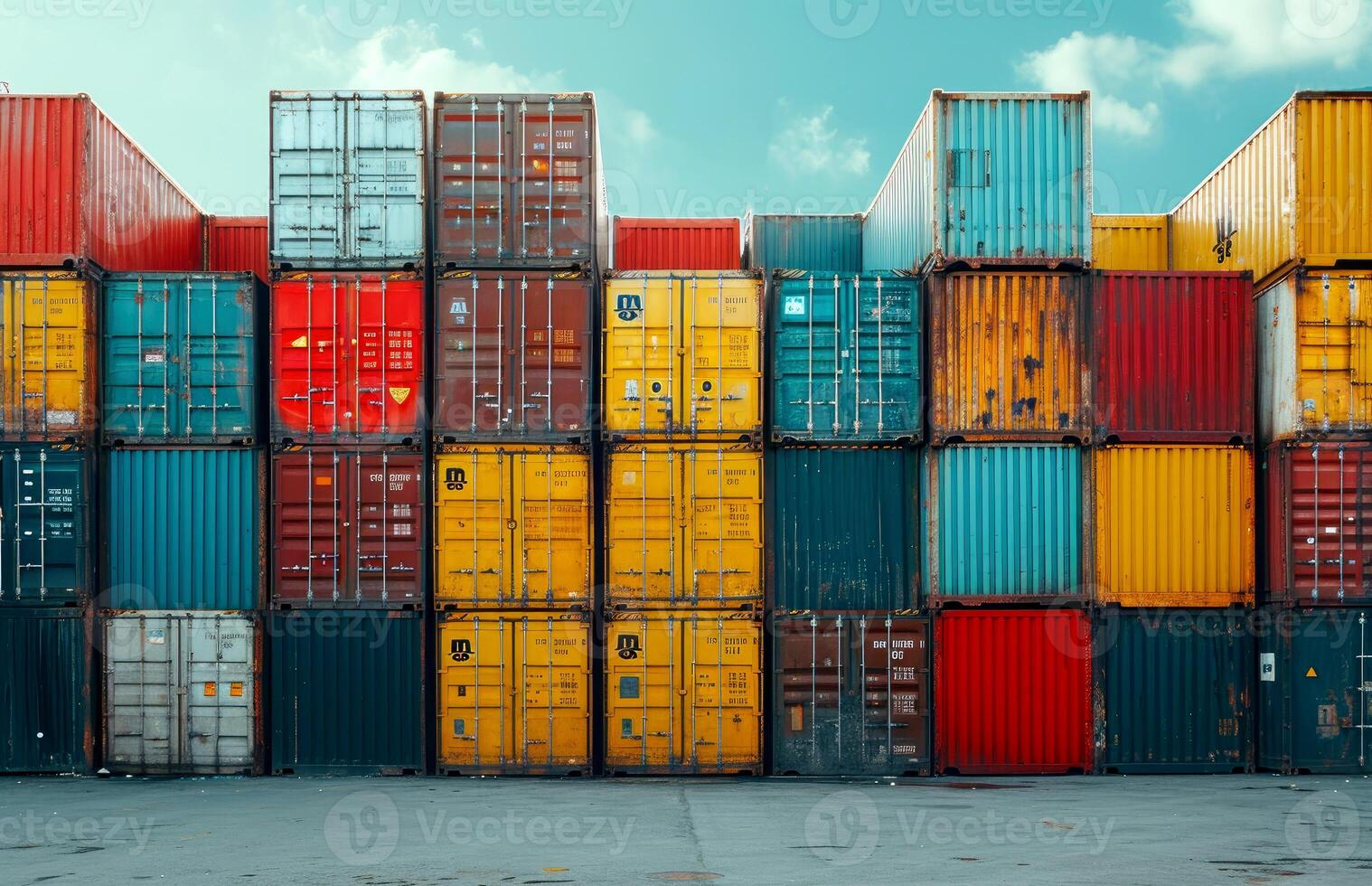 AI generated Rows of shipping containers in different colors. Transport business. Logistics import and export of goods - Generative AI photo