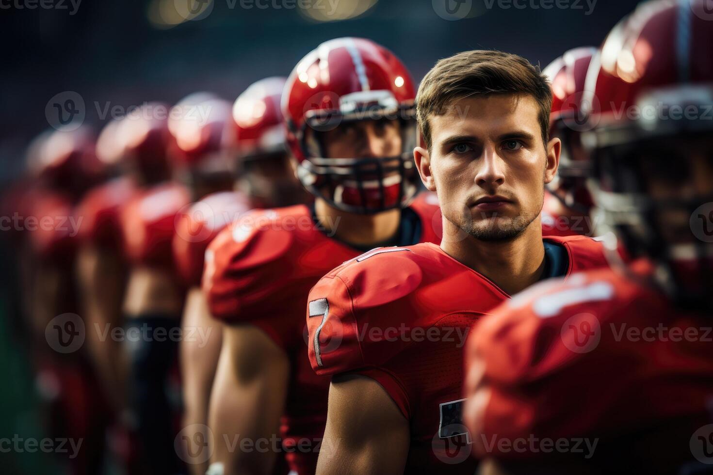 AI generated American football players standing together on a sports field . Generative AI photo