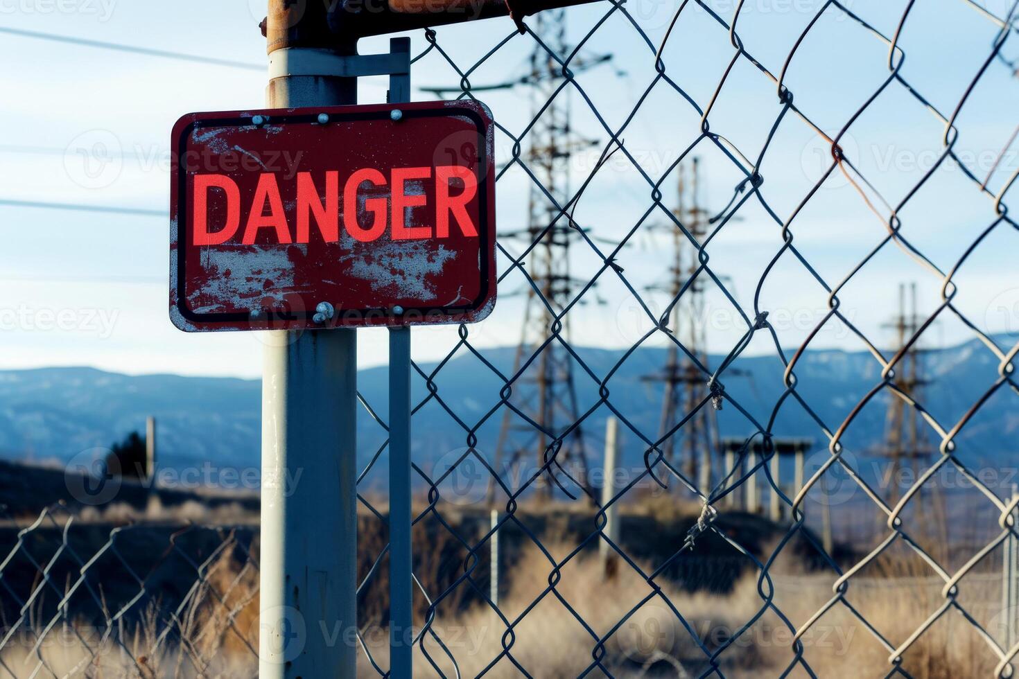 AI generated danger warning high voltage electrical line .AI generative photo