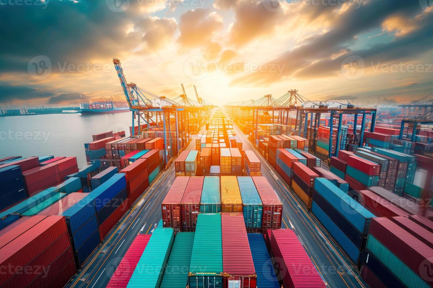 AI generated Rows of shipping containers in different colors. Transport business. Logistics import and export of goods - Generative AI photo