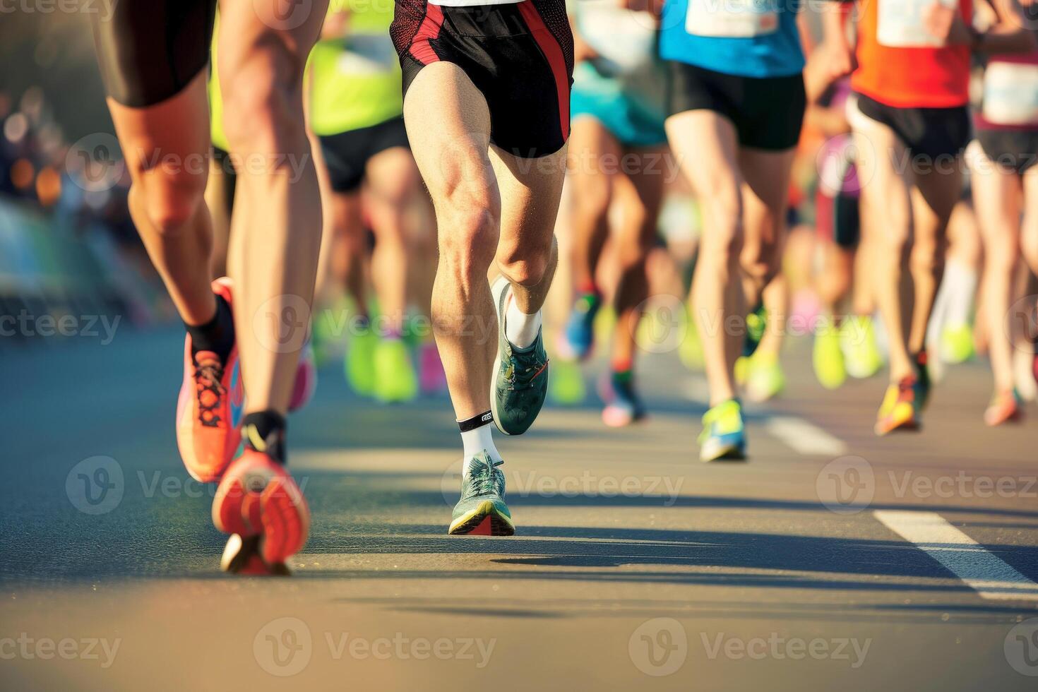 AI generated Close up of a Group of Men Runners Legs in a Road Race. Generative Ai photo