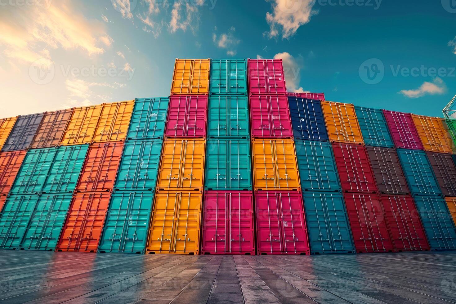 AI generated Rows of shipping containers in different colors. Transport business. Logistics import and export of goods - Generative AI photo