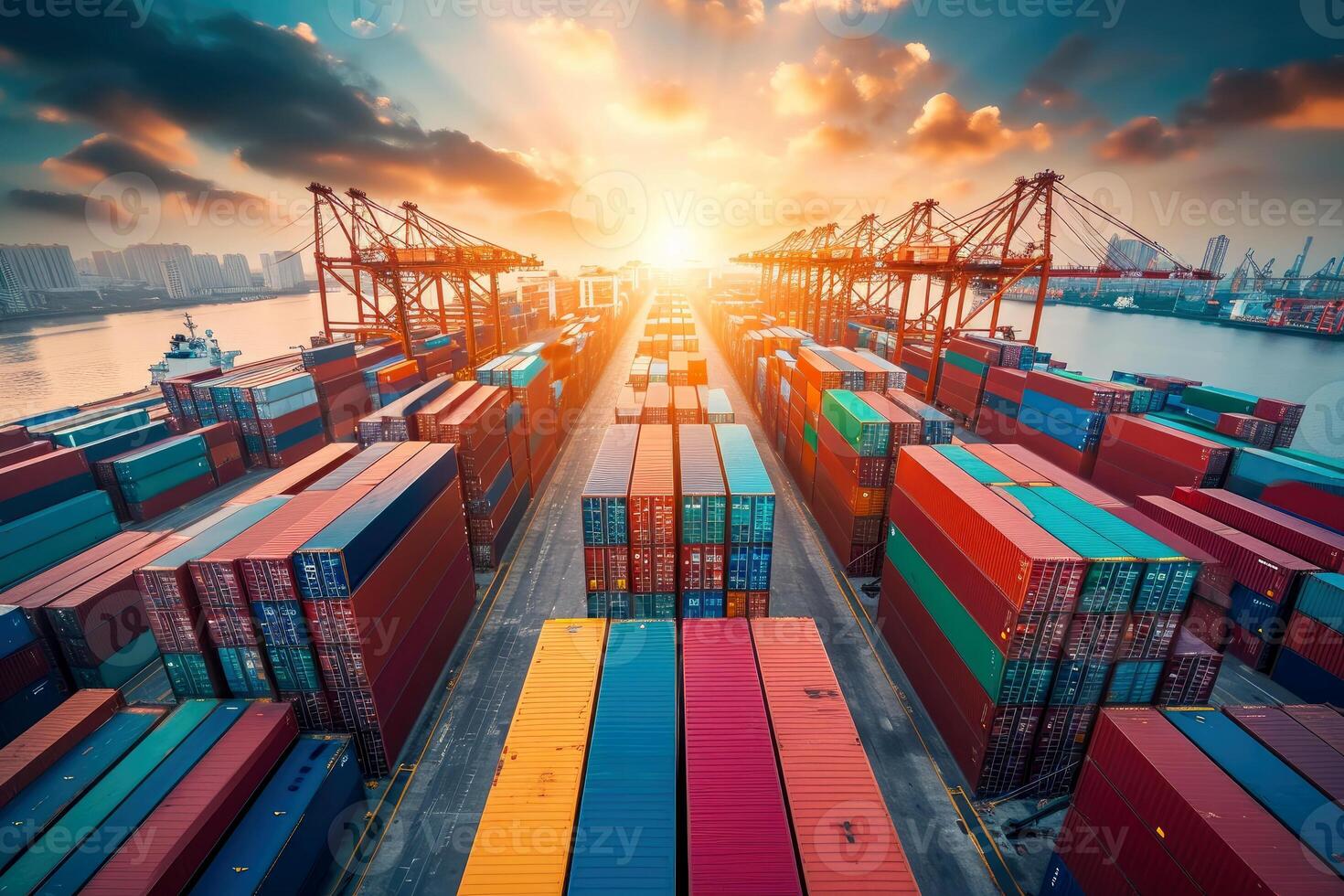 AI generated Rows of shipping containers in different colors. Transport business. Logistics import and export of goods - Generative AI photo