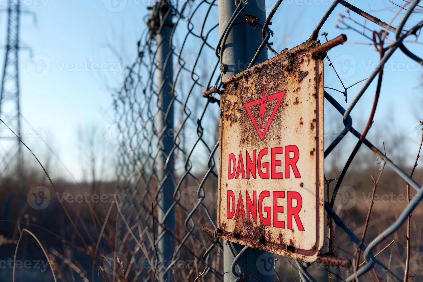 AI generated danger warning high voltage electrical line .AI generative photo