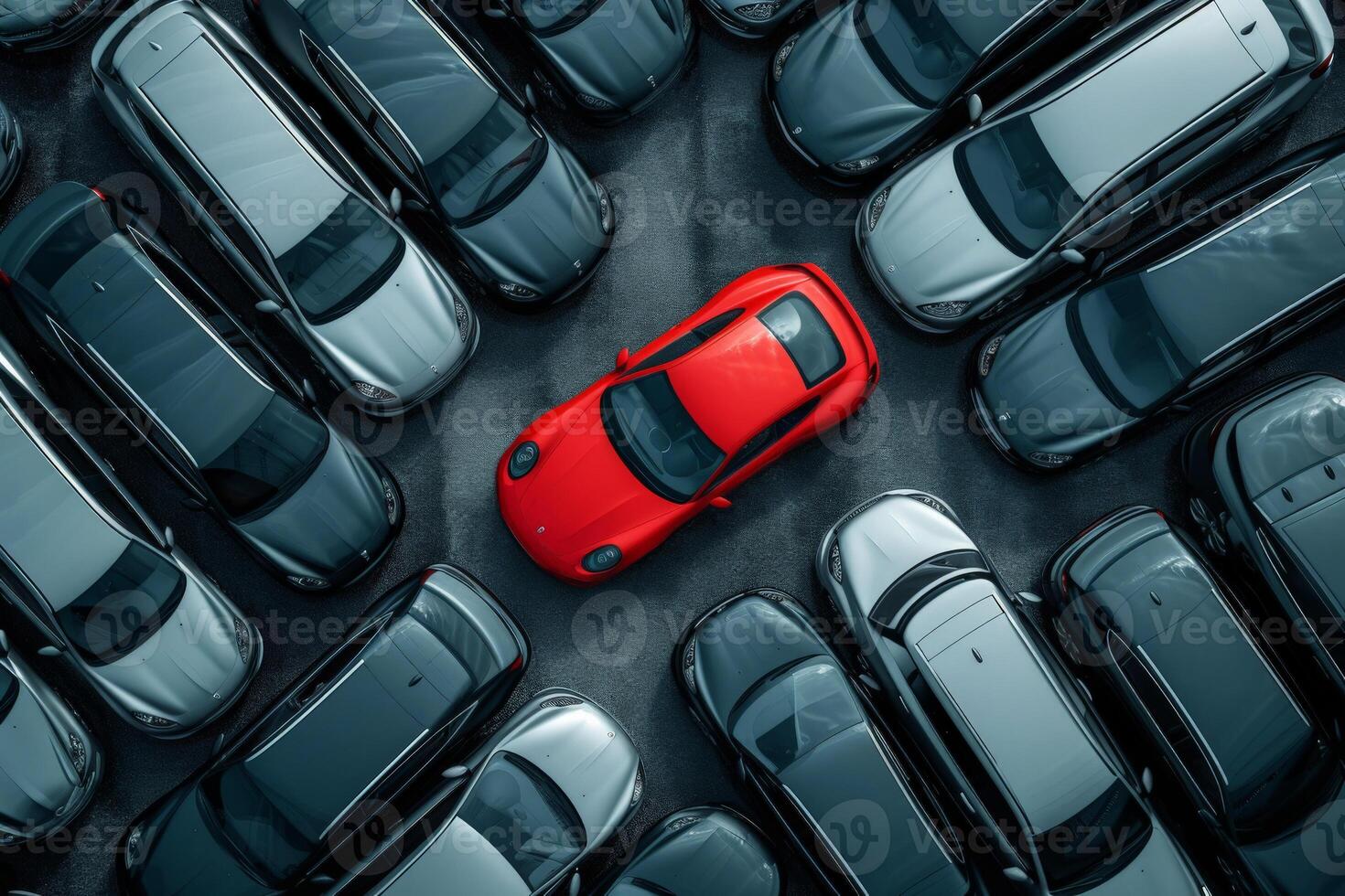 AI generated a red car among grey cars .marketing concept. AI generative photo