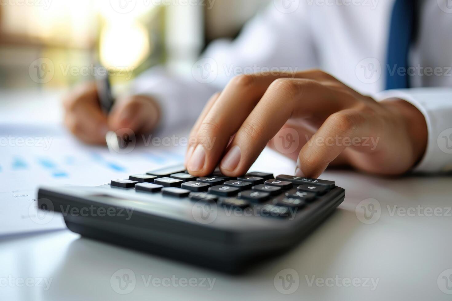 AI generated Financial data analyzing counting concept for Businessman's hands with calculator and laptop on desk in modern office. Generative AI photo