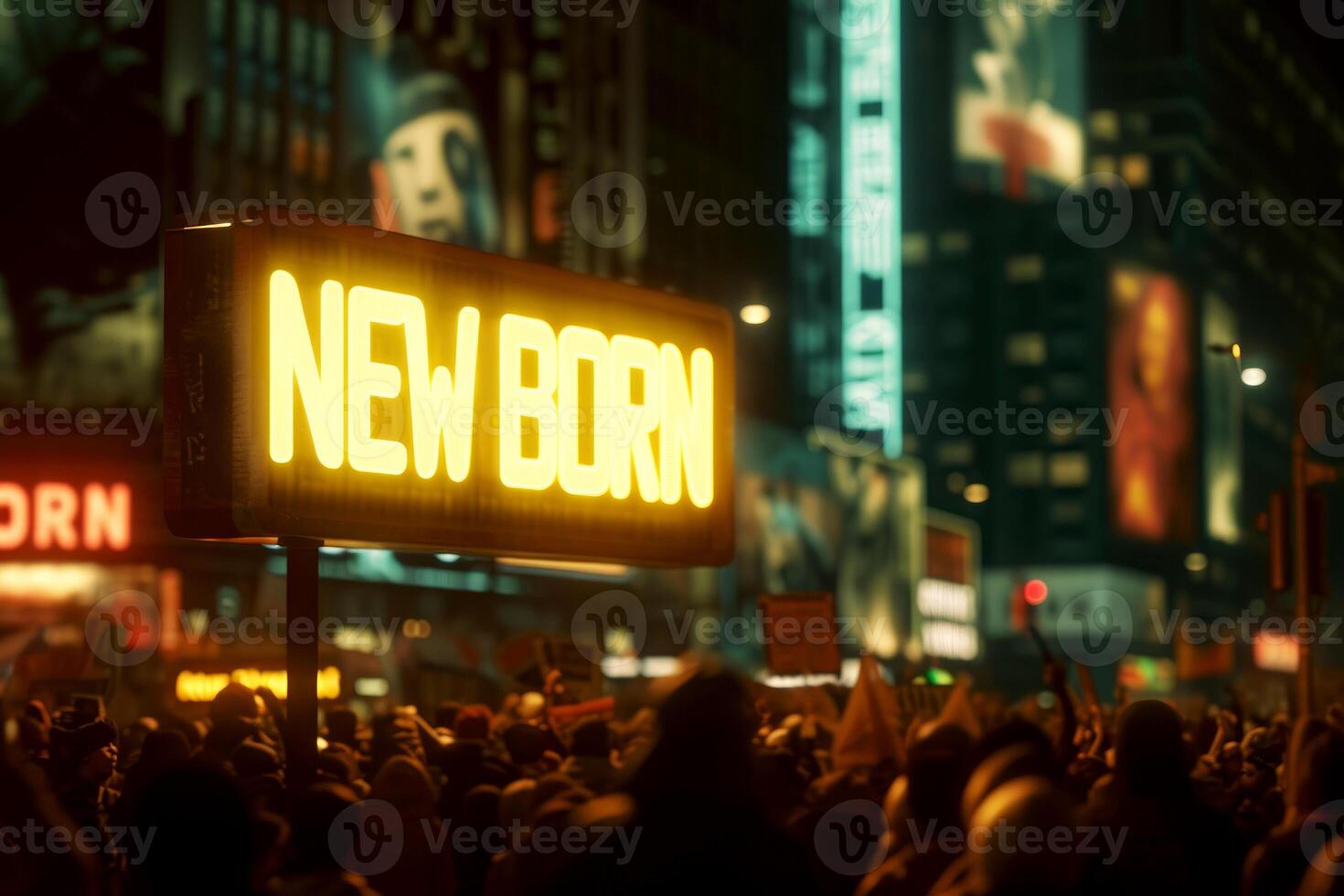 AI generated a word new born on billboard in the city .war concept Generative AI photo