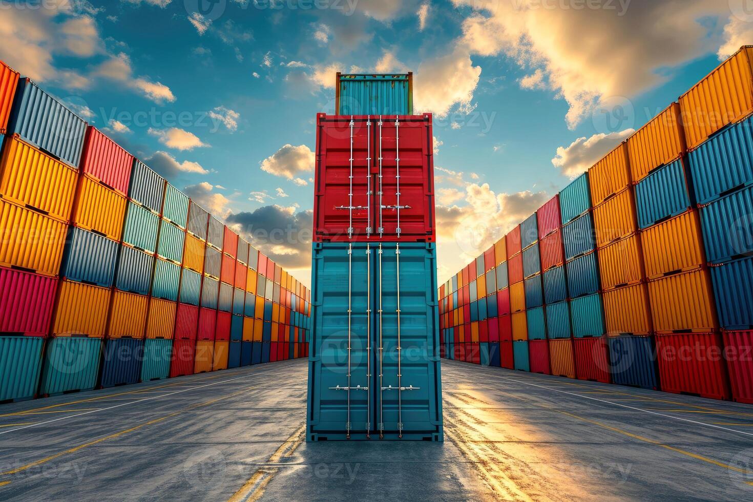 AI generated Rows of shipping containers in different colors. Transport business. Logistics import and export of goods - Generative AI photo