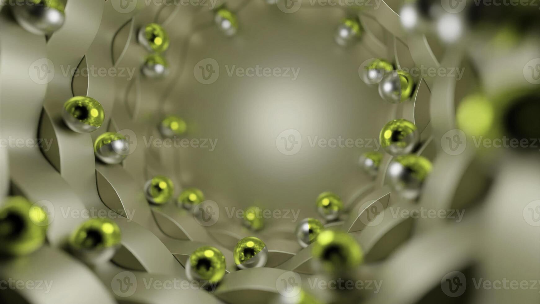 Abstract 3d background with metal balls or spheres rolling around. Design. Movement along the tunnel of green beads. photo