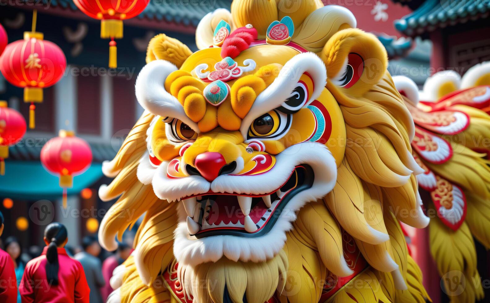 AI generated lion dance in chinese new year festival photo