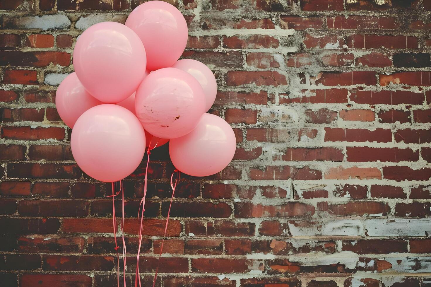 AI generated Urban Chic Bubblegum Pink Balloons Popping Against a Brick Wall photo